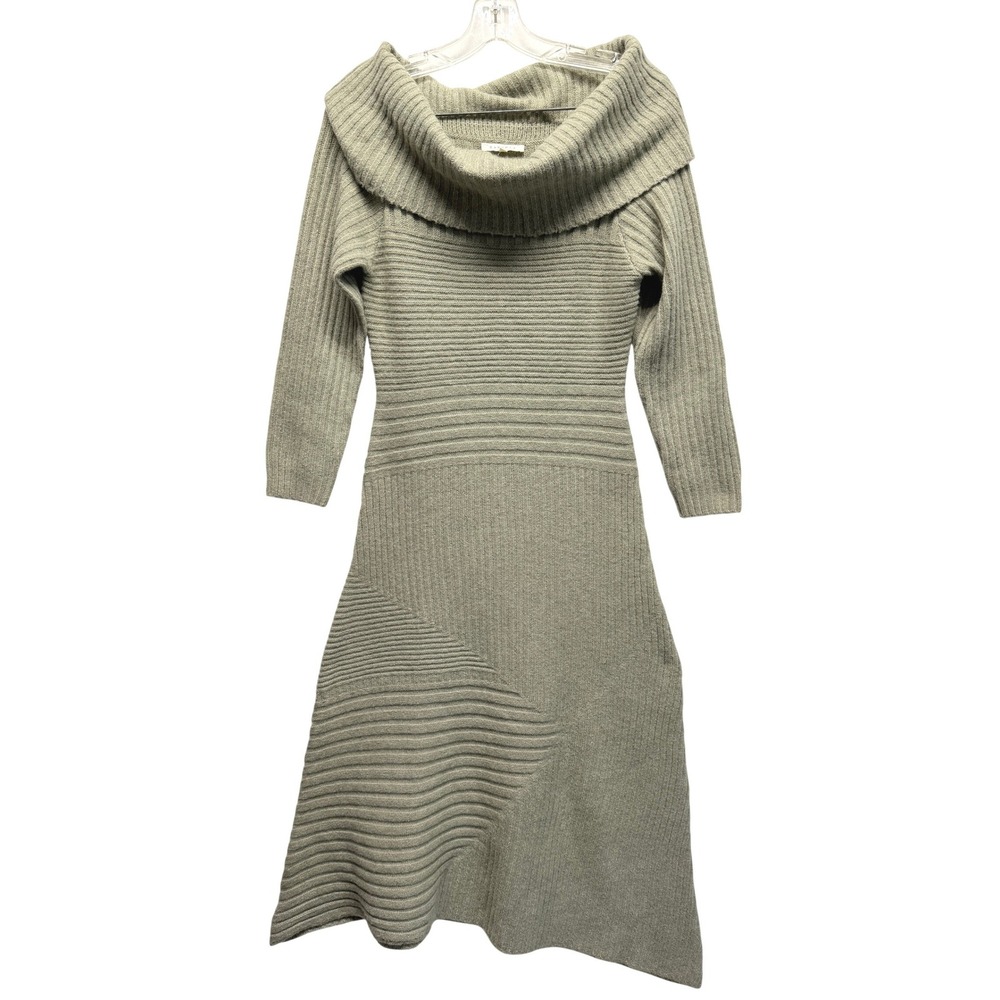 Baevely Sage Green Ribbed Cowl Neck Asymmetrical Sweater Dress Small